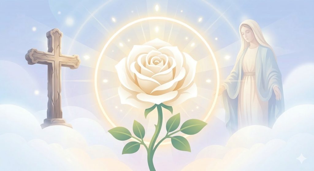 Premier jour : La rose symbole de la pureté de Marie - une grande rose blanche stylisée sans épines irradiant une douce lumière au-dessus d'un halo